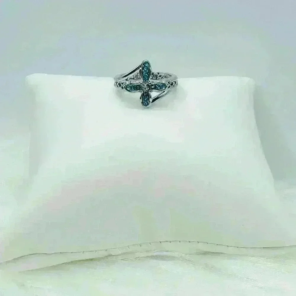 Blue Rhinestone Cross Ring Size 7 - Picture 2 of 6